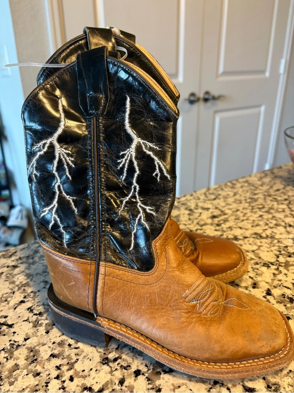 Kids Two-Tone Brown & Black Embroidered Lightning Cowboy Boots
